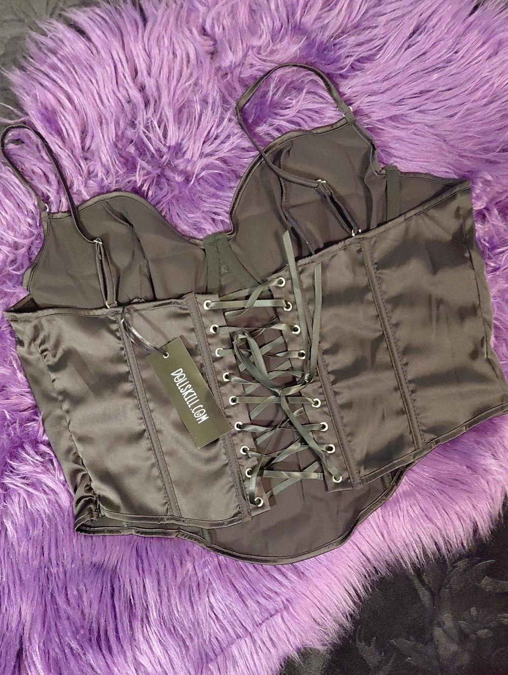 DOLLSKILL CURRENT MOOD 1X BLACK Satin Lace-Up Corset Top Adjustable Straps